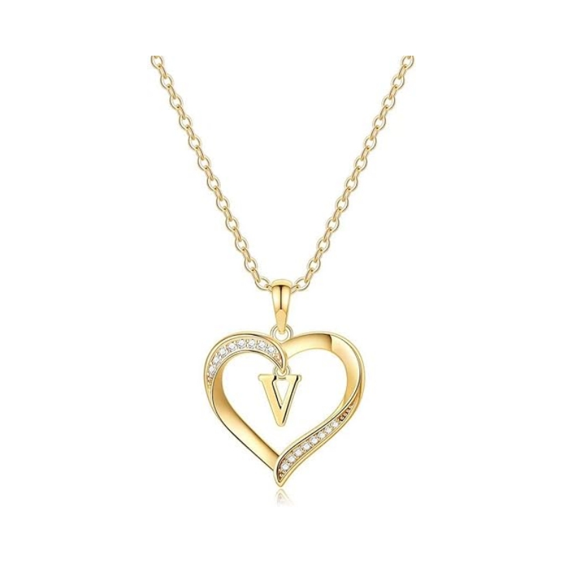 Dainty Diamond White 925 Sterling Silver Yellow Gold Heart Initial Necklace 