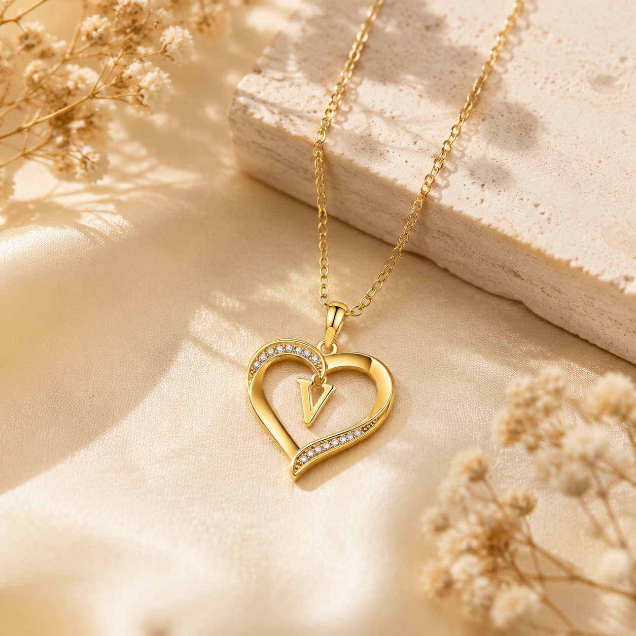 Dainty Diamond White 925 Sterling Silver Yellow Gold Heart Initial Necklace 