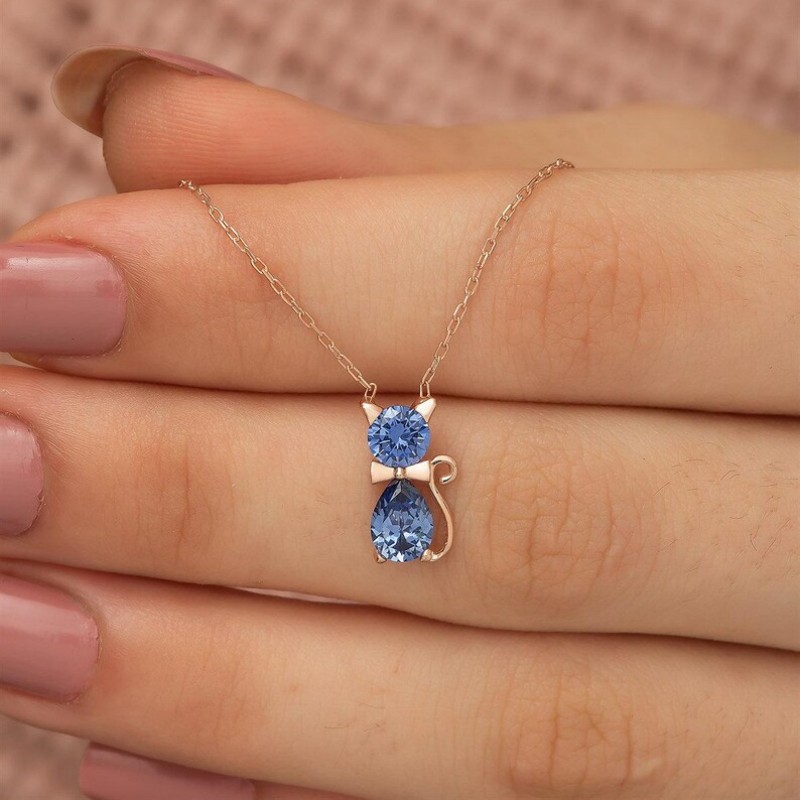 Personalized Birthstone Sterling Silver Cat Lover Necklace
