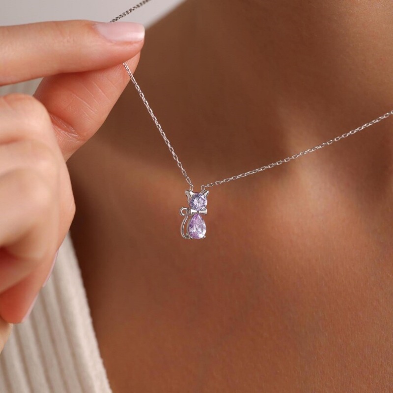 Personalized Birthstone Sterling Silver Cat Lover Necklace