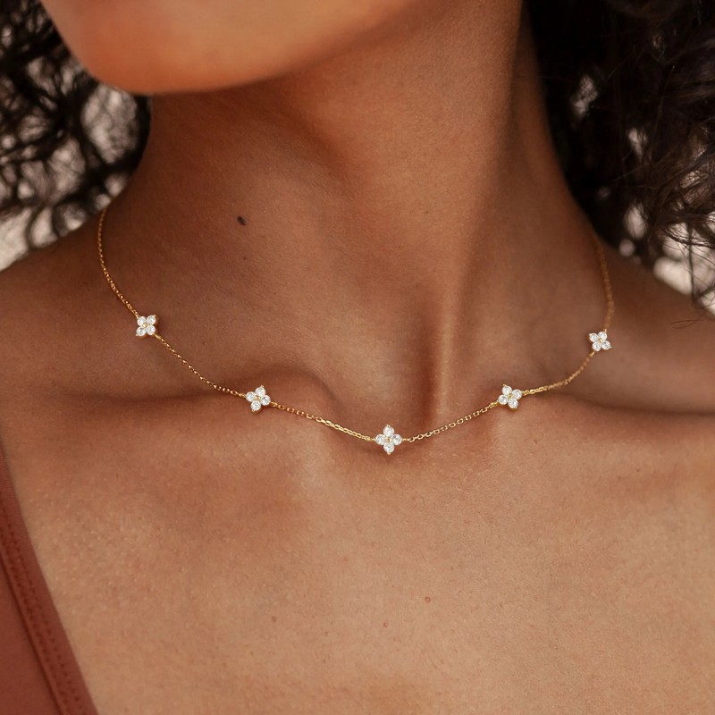 Dainty Diamond White 925 Sterling Silver Yellow Gold Flower Necklace 