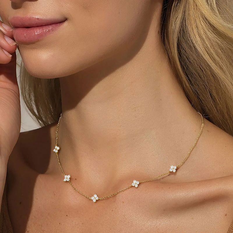 Dainty Diamond White 925 Sterling Silver Yellow Gold Flower Necklace 