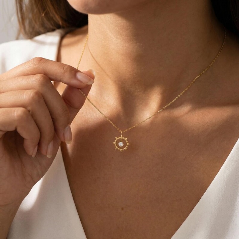 Round Cut Diamond White Birthstone Sterling Silver Sunburst Charm Pendant Necklace