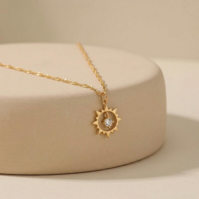 Round Cut Diamond White Birthstone Sterling Silver Sunburst Charm Pendant Necklace