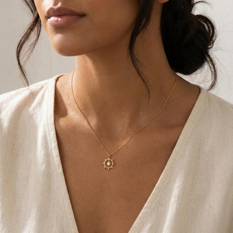 Round Cut Diamond White Birthstone Sterling Silver Sunburst Charm Pendant Necklace