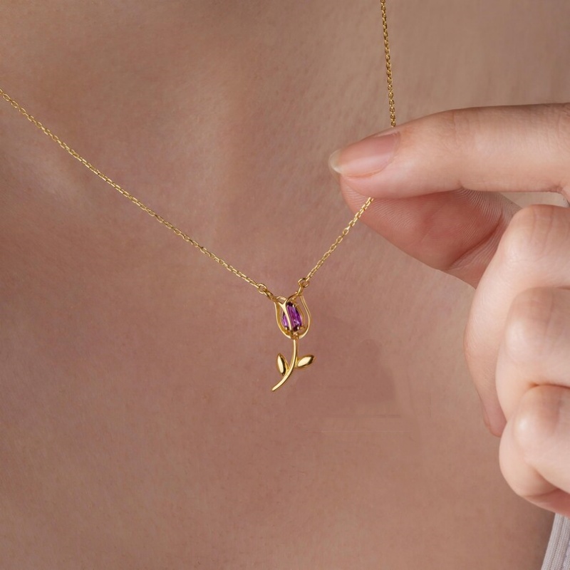 Dainty Amethyst Purple 925 Sterling Silver Yellow Gold Tulip Flower Necklace