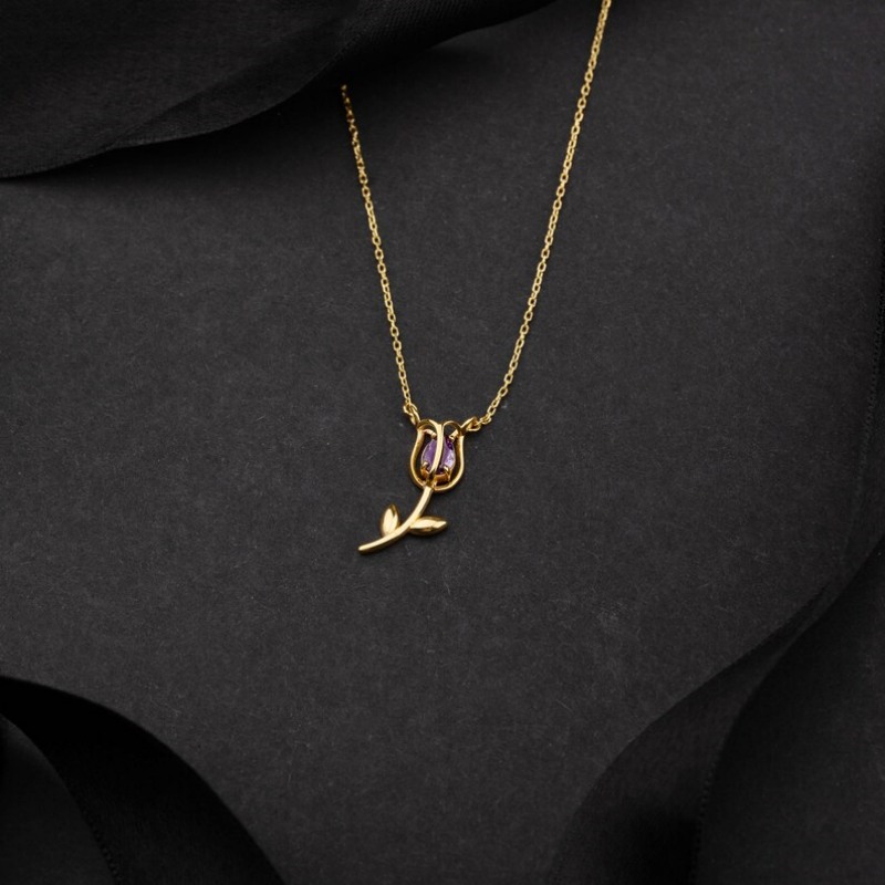 Dainty Amethyst Purple 925 Sterling Silver Yellow Gold Tulip Flower Necklace