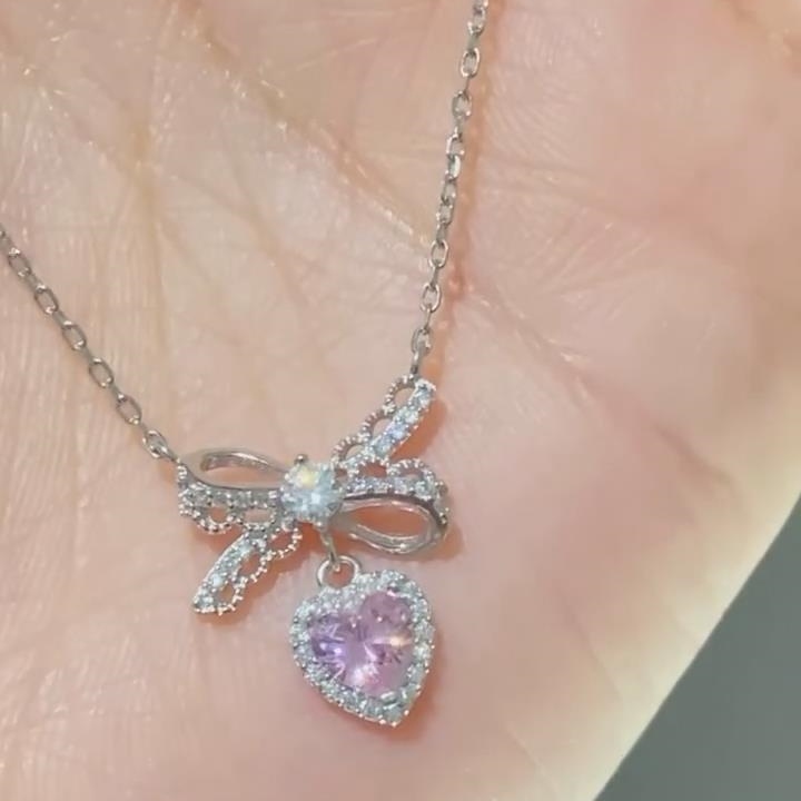 Minimalist Heart Cut 925 Sterling Silver Bow Knot Necklace Gift for Her