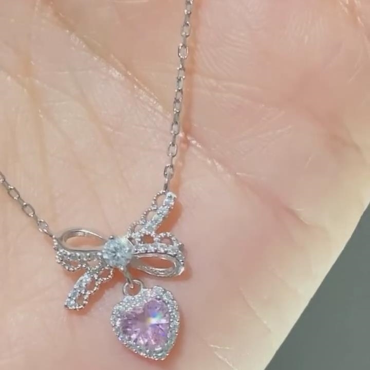 Minimalist Heart Cut 925 Sterling Silver Bow Knot Necklace Gift for Her