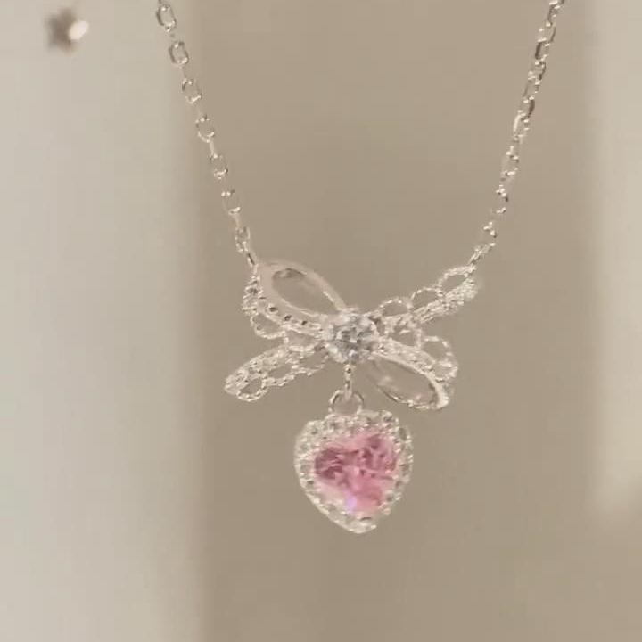 Minimalist Heart Cut 925 Sterling Silver Bow Knot Necklace Gift for Her