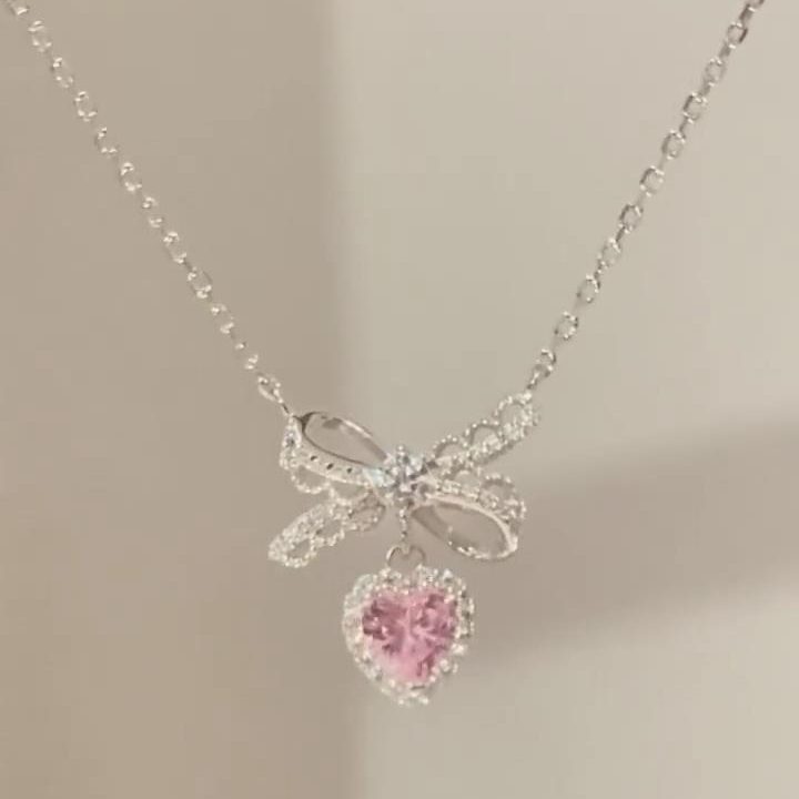 Minimalist Heart Cut 925 Sterling Silver Bow Knot Necklace Gift for Her