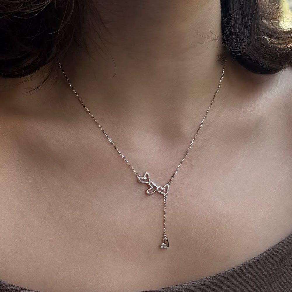 Minimalist Double Heart Lariat 925 Sterling Silver Necklace