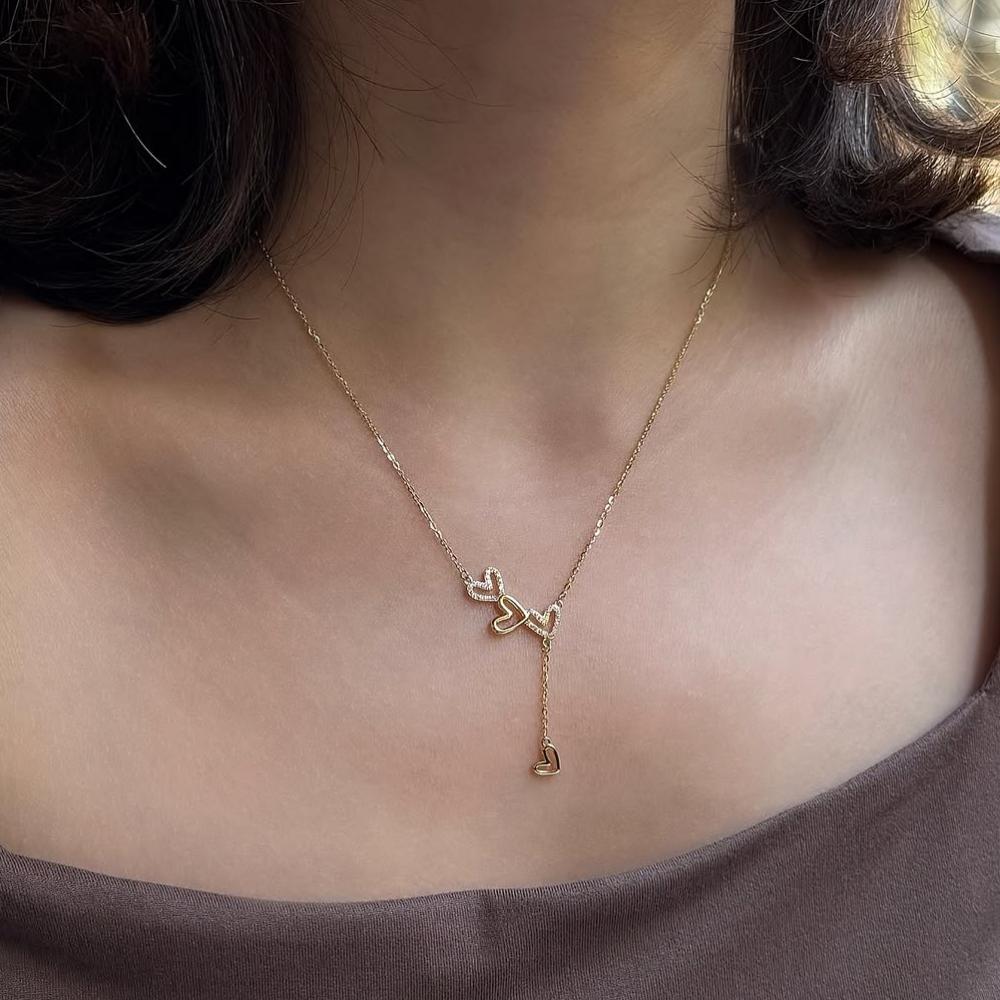 Minimalist Double Heart Lariat 925 Sterling Silver Necklace