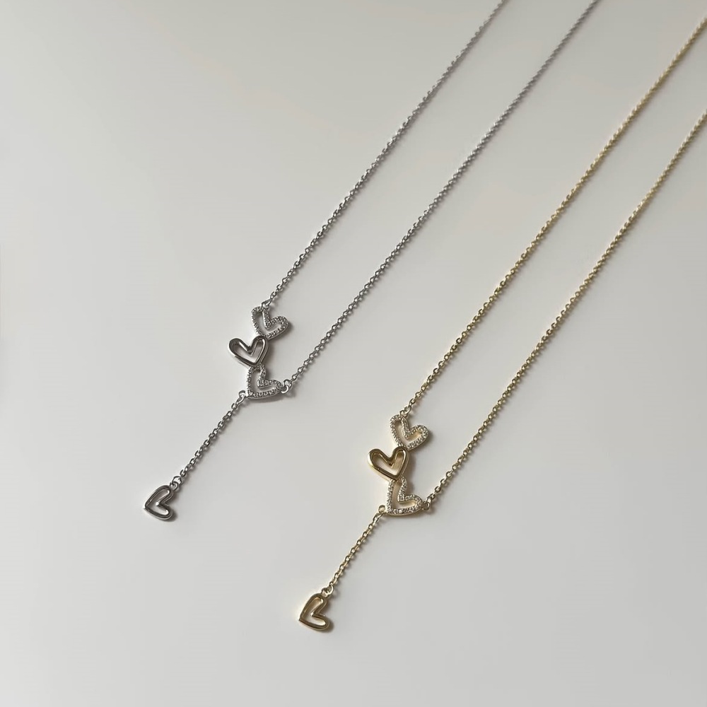Minimalist Double Heart Lariat 925 Sterling Silver Necklace