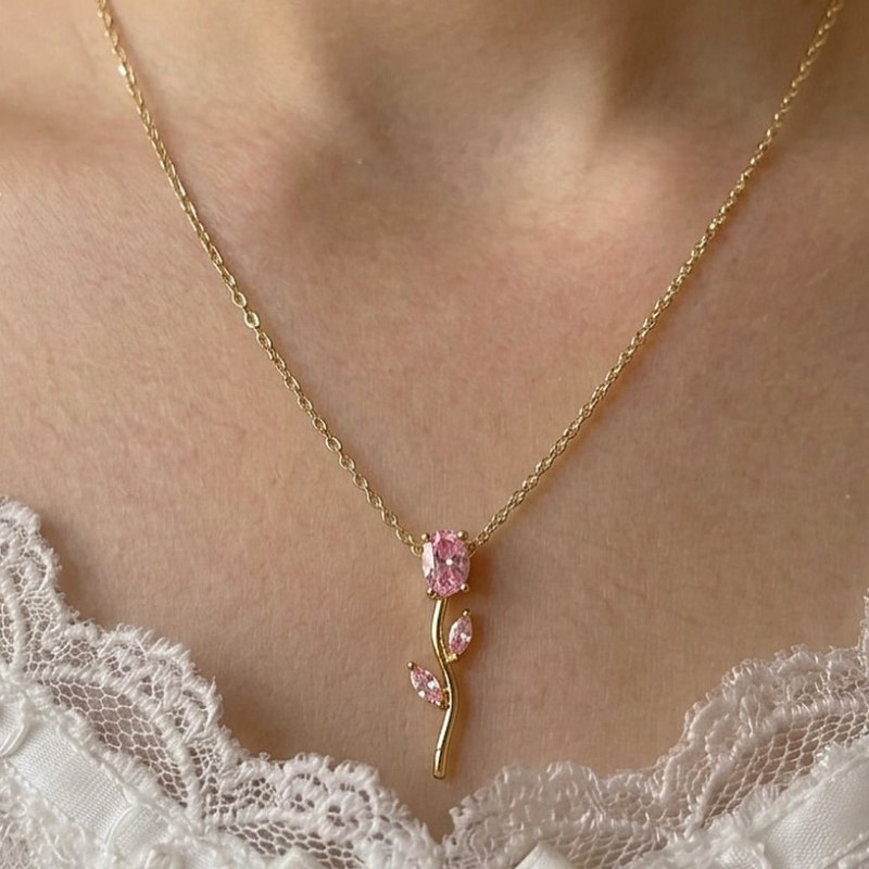 Minimalist Oval Cut Fancy Pink 925 Sterling Silver Yellow Gold Flower Necklace 