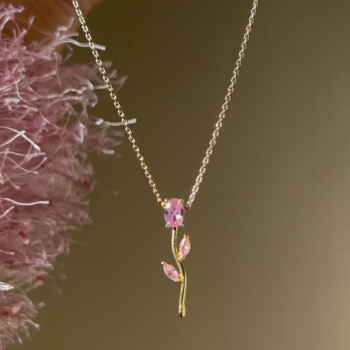 Minimalist Oval Cut Fancy Pink 925 Sterling Silver Yellow Gold Flower Necklace 
