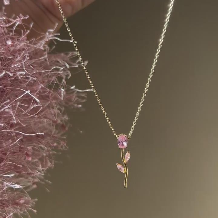 Minimalist Oval Cut Fancy Pink 925 Sterling Silver Yellow Gold Flower Necklace 