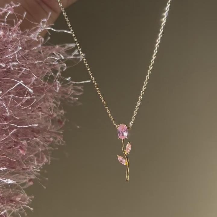 Minimalist Oval Cut Fancy Pink 925 Sterling Silver Yellow Gold Flower Necklace 