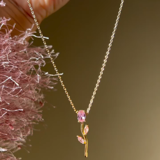 Minimalist Oval Cut Fancy Pink 925 Sterling Silver Yellow Gold Flower Necklace 