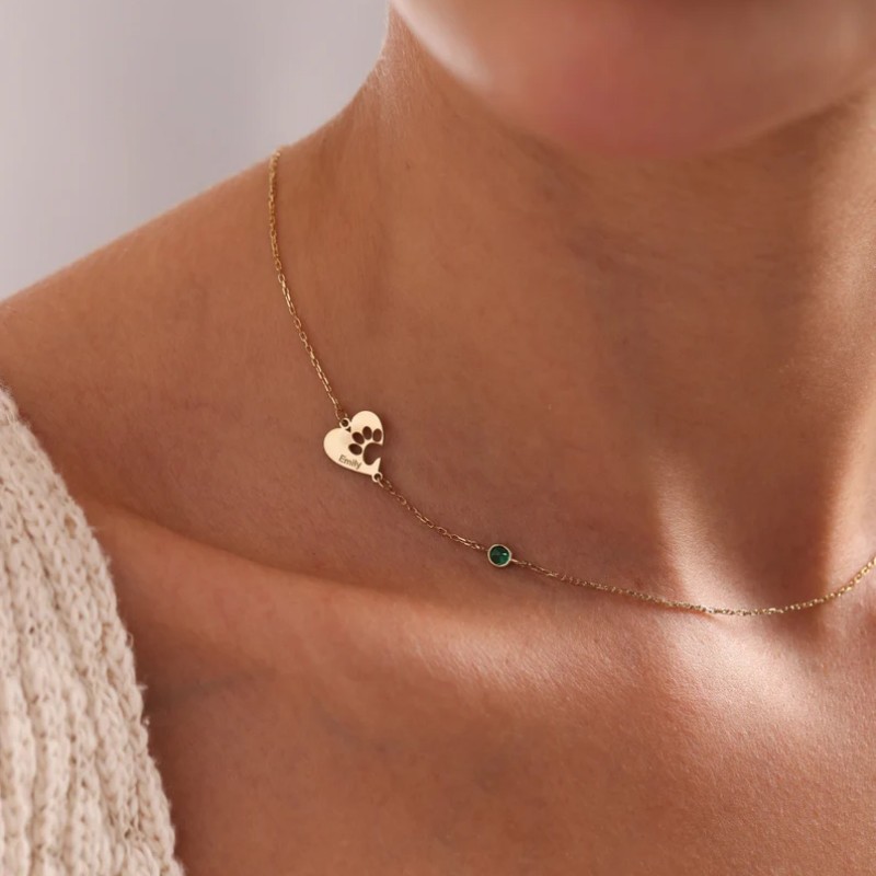 Personalized 925 Sterling Silver Heart Paw Print Birthstone Necklace 