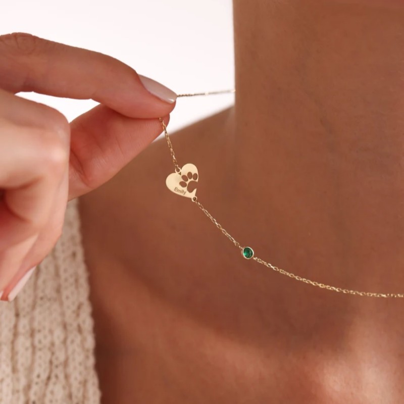Personalized 925 Sterling Silver Heart Paw Print Birthstone Necklace 