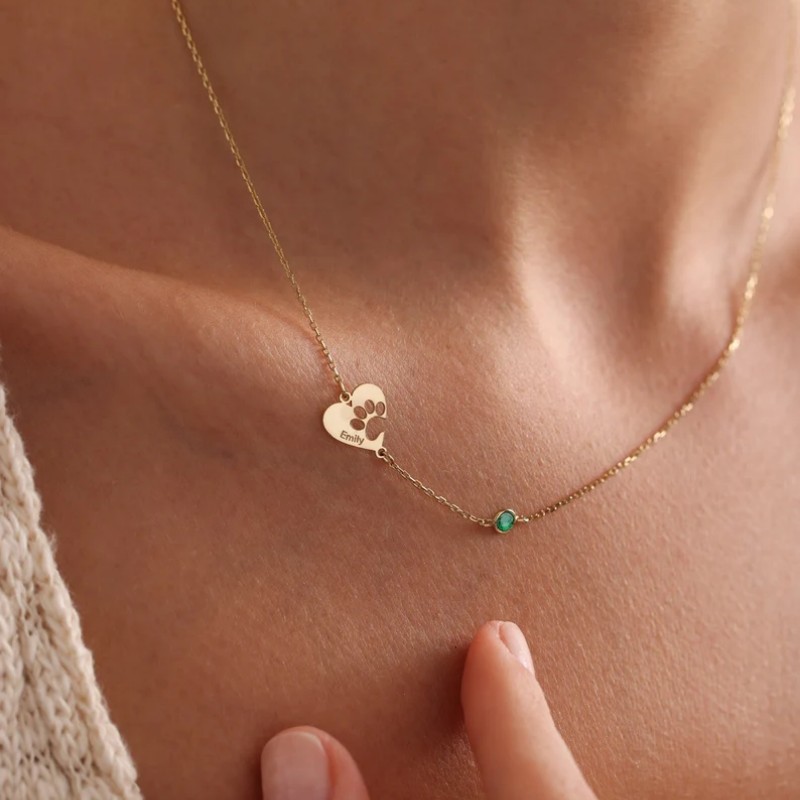 Personalized 925 Sterling Silver Heart Paw Print Birthstone Necklace 
