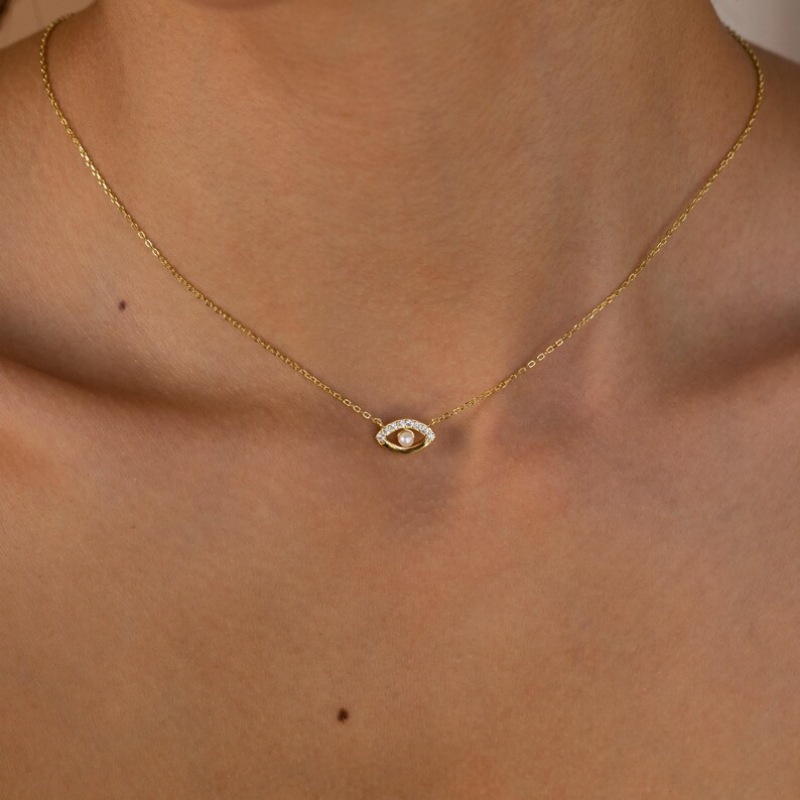 Minimalist 925 Sterling Silver Evil Eye Pearl Necklace
