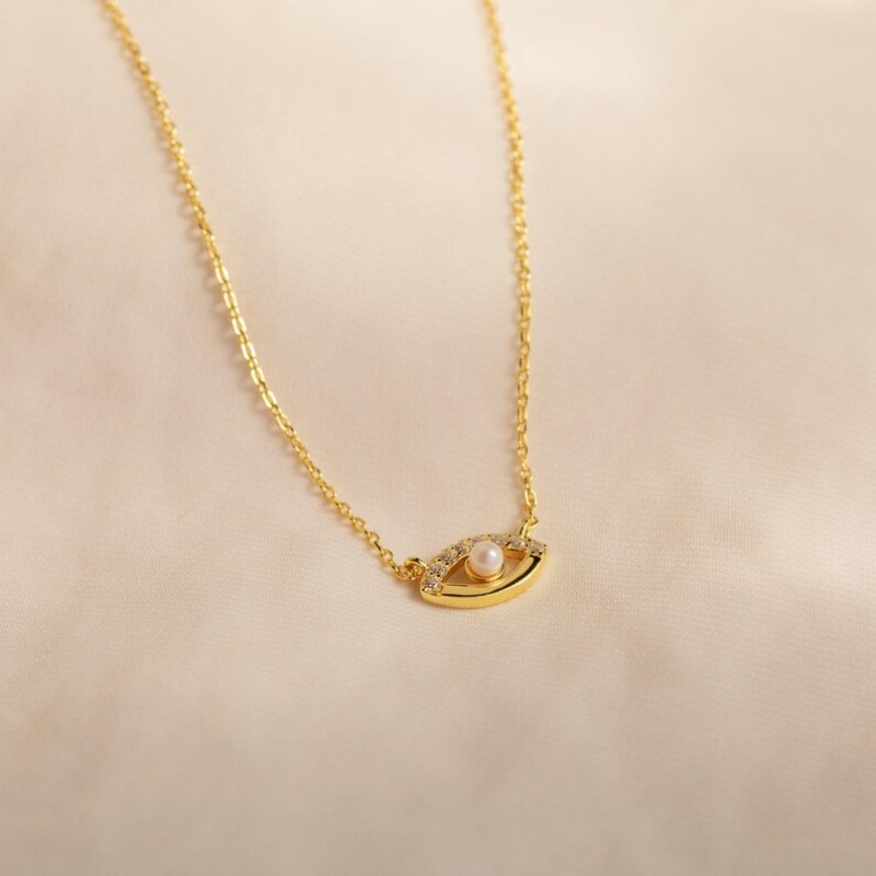 Minimalist 925 Sterling Silver Evil Eye Pearl Necklace