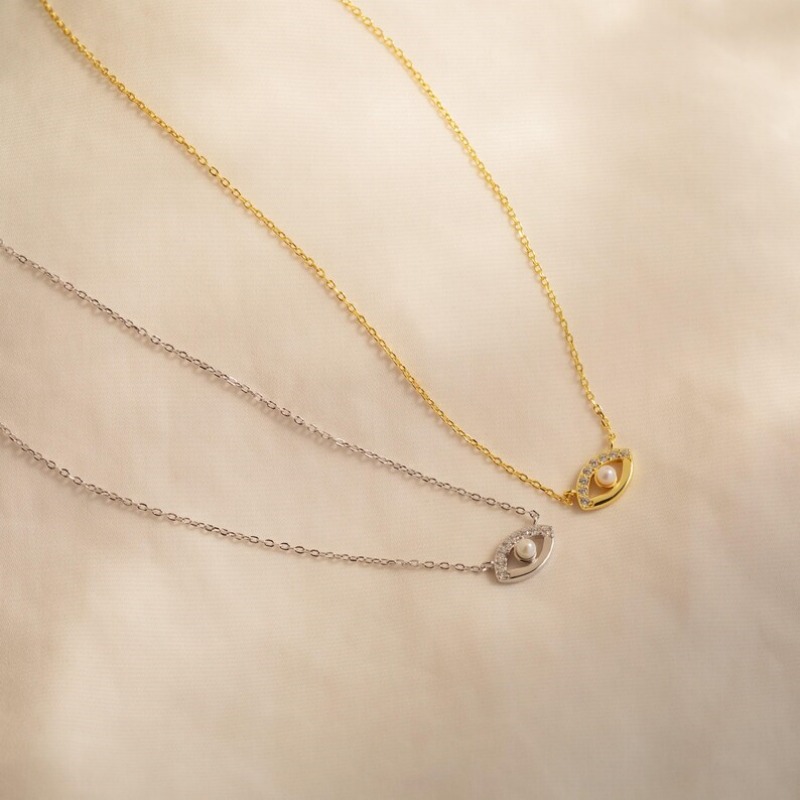 Minimalist 925 Sterling Silver Evil Eye Pearl Necklace