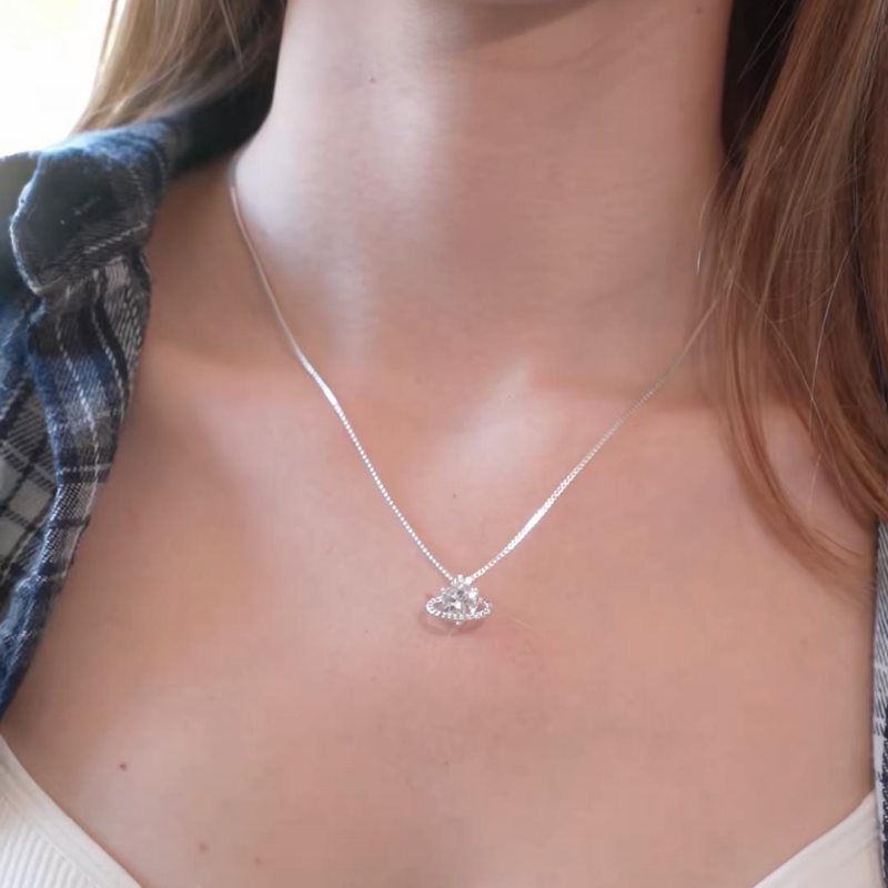 Heart Cut Diamond White 925 Sterling Silver Heart Halo Pendant Necklace