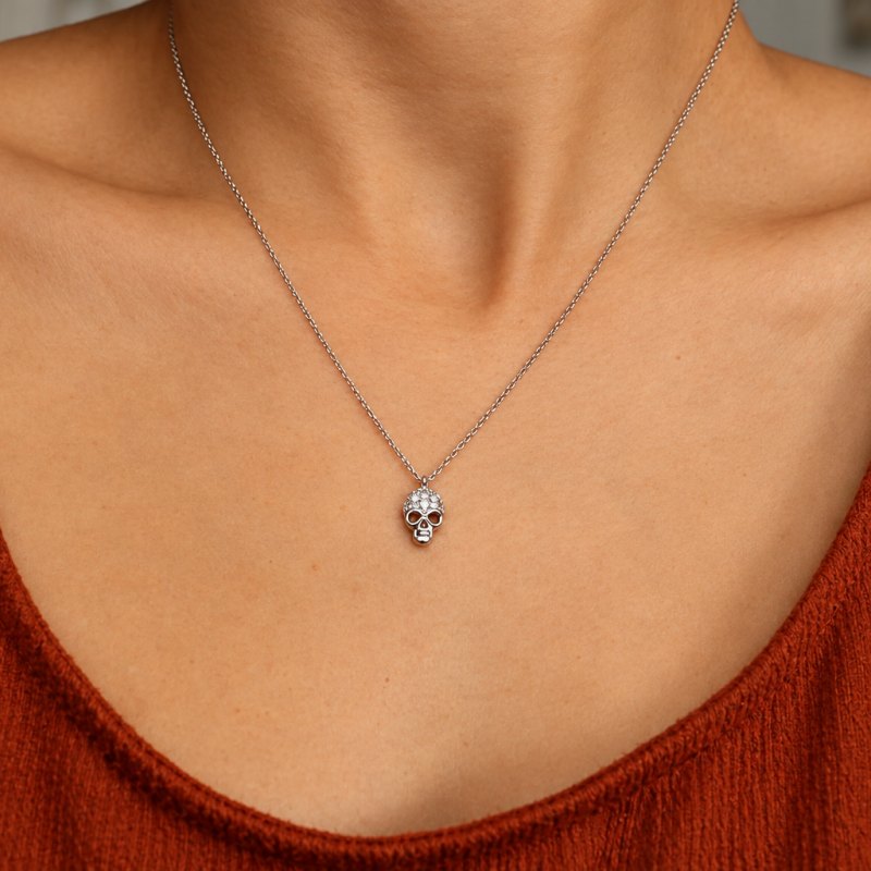 Dazzling 925 Sterling Silver Skull Pendant Necklace Halloween Gift for Her