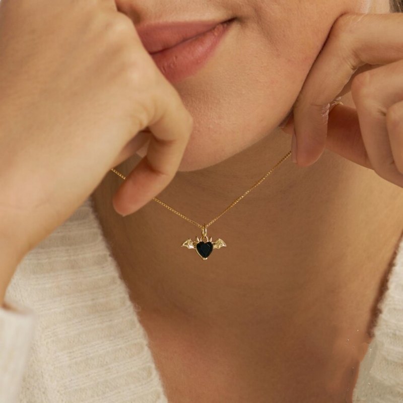 Heart Cut Fancy Black Sterling Silver Yellow Gold Bat Necklace Halloween Gift for Her