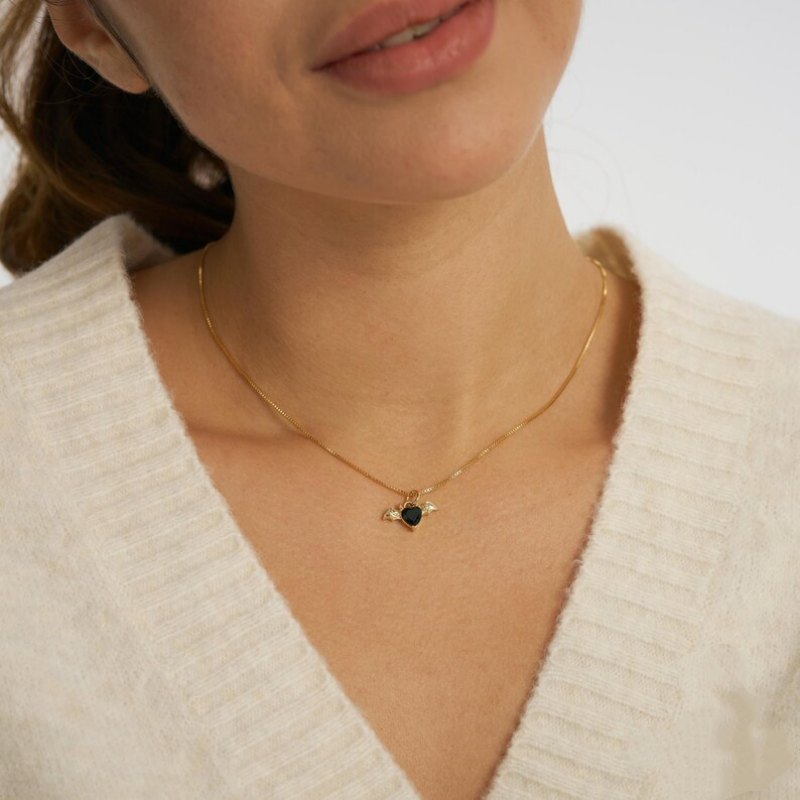 Heart Cut Fancy Black Sterling Silver Yellow Gold Bat Necklace Halloween Gift for Her