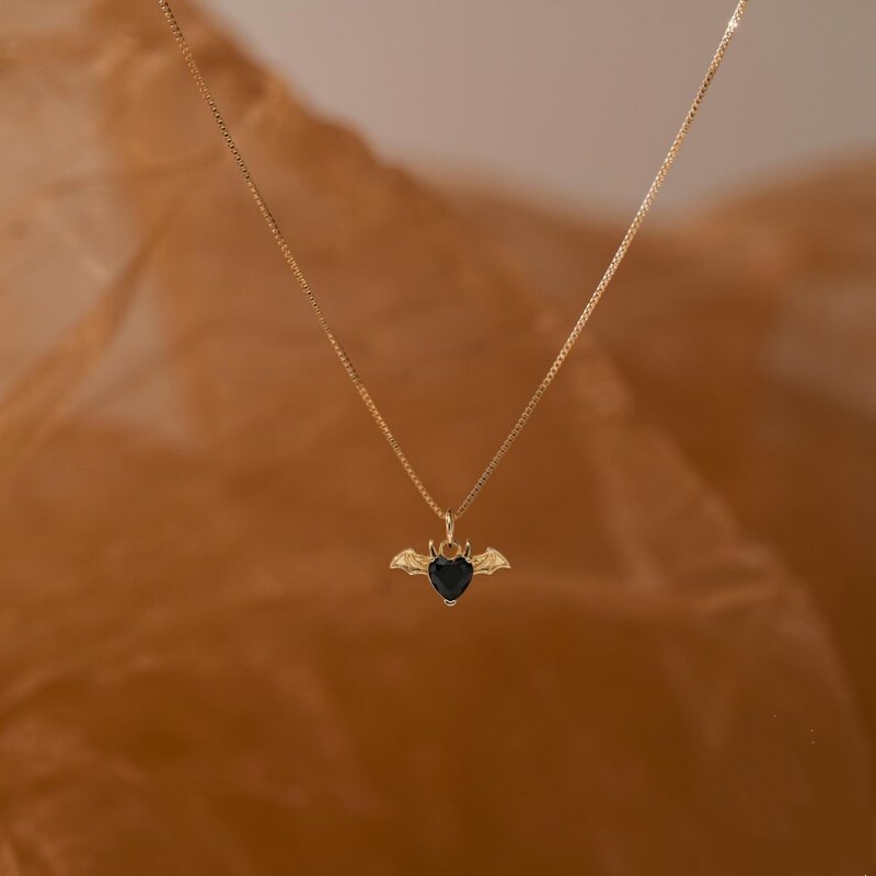 Heart Cut Fancy Black Sterling Silver Yellow Gold Bat Necklace Halloween Gift for Her