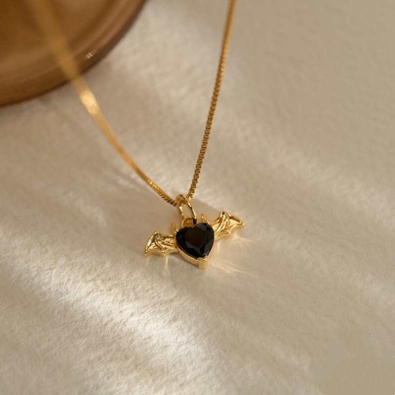 Heart Cut Fancy Black Sterling Silver Yellow Gold Bat Necklace Halloween Gift for Her