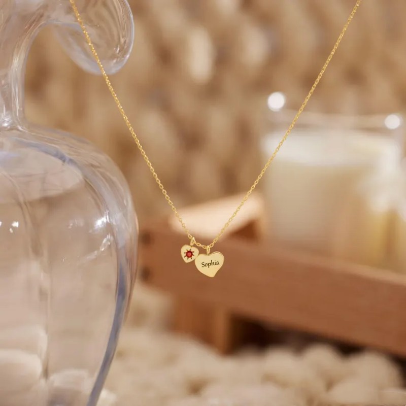 Personalized Round Cut Birthstone 925 Sterling Silver Heart Name Necklace