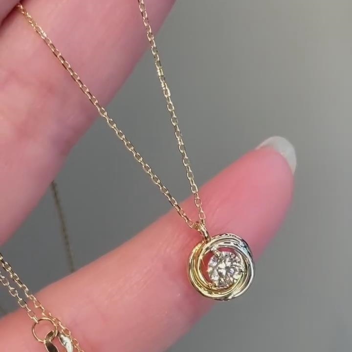 Round Cut Diamond White 925 Sterling Silver Yellow Gold Halo Necklace 