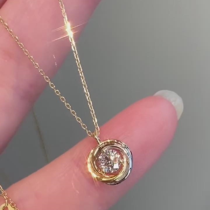 Round Cut Diamond White 925 Sterling Silver Yellow Gold Halo Necklace 