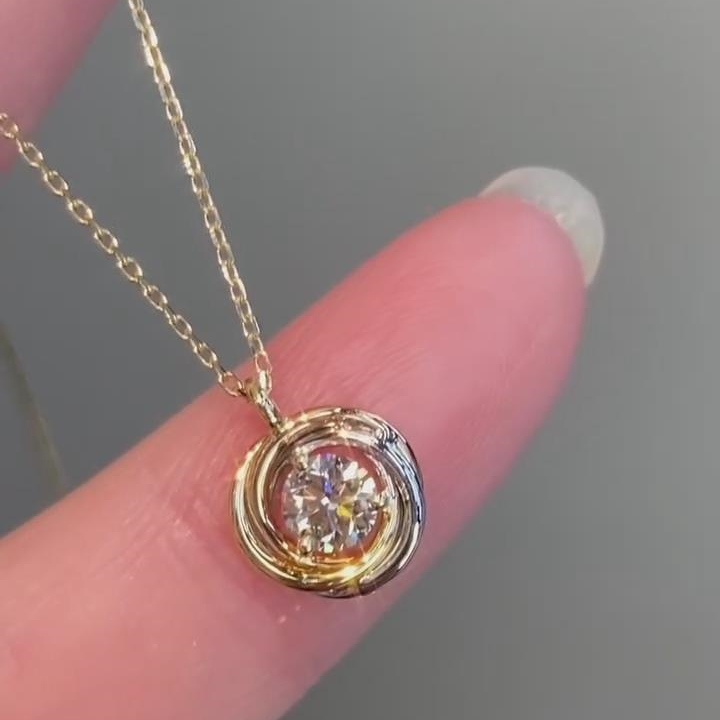 Round Cut Diamond White 925 Sterling Silver Yellow Gold Halo Necklace 