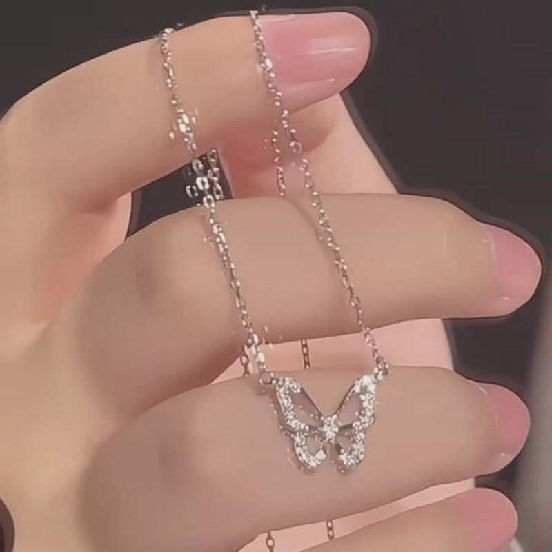 Dainty Diamond White 925 Sterling Silver Butterfly Necklace 