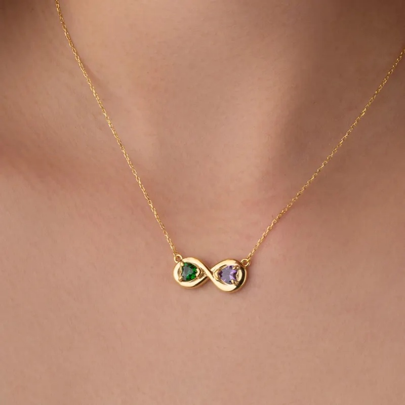 Personalized Heart Cut Two Birthstone 925 Sterling Silver Infinity Necklace