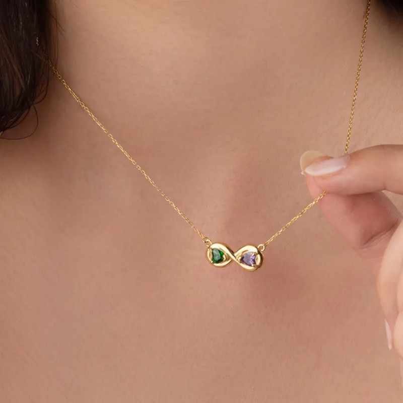 Personalized Heart Cut Two Birthstone 925 Sterling Silver Infinity Necklace