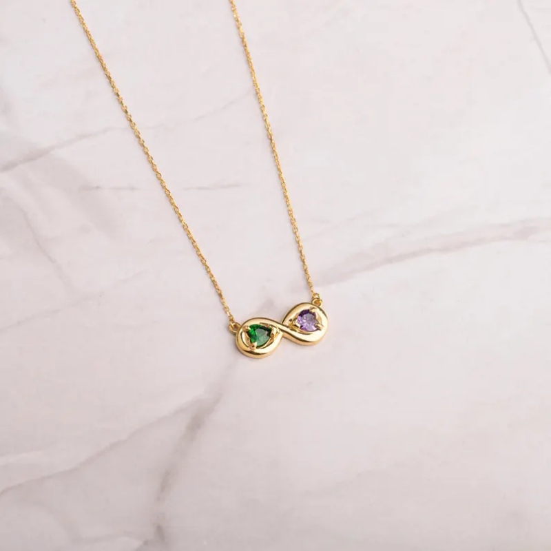 Personalized Heart Cut Two Birthstone 925 Sterling Silver Infinity Necklace