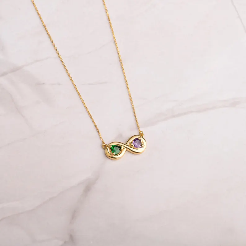 Personalized Heart Cut Two Birthstone 925 Sterling Silver Infinity Necklace