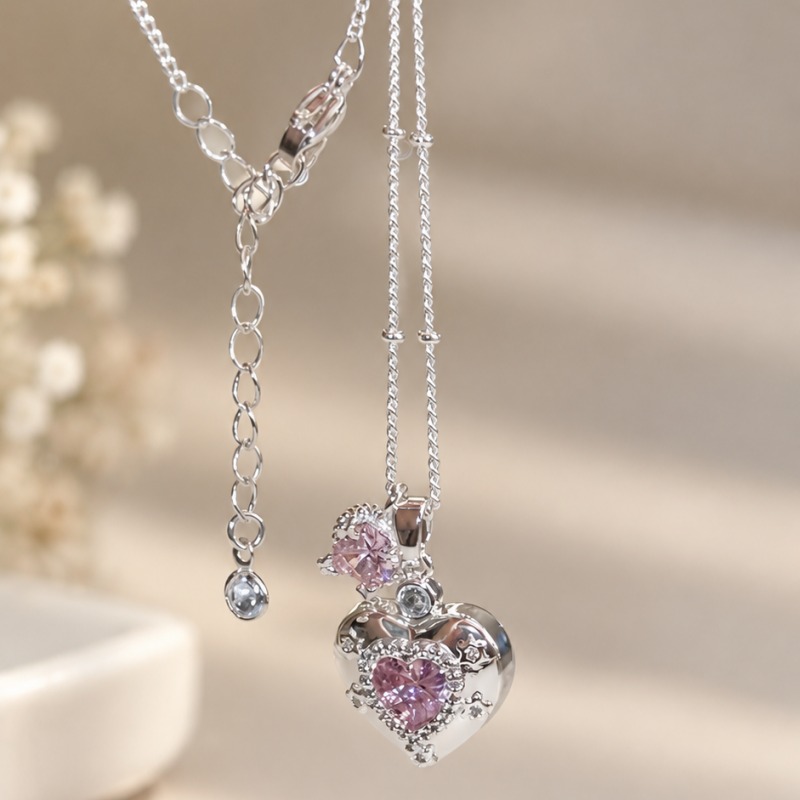 Heart Cut Fancy Pink 925 Sterling Silver Vintage Necklace