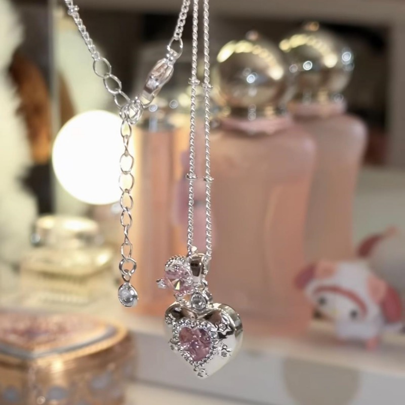 Heart Cut Fancy Pink 925 Sterling Silver Vintage Necklace