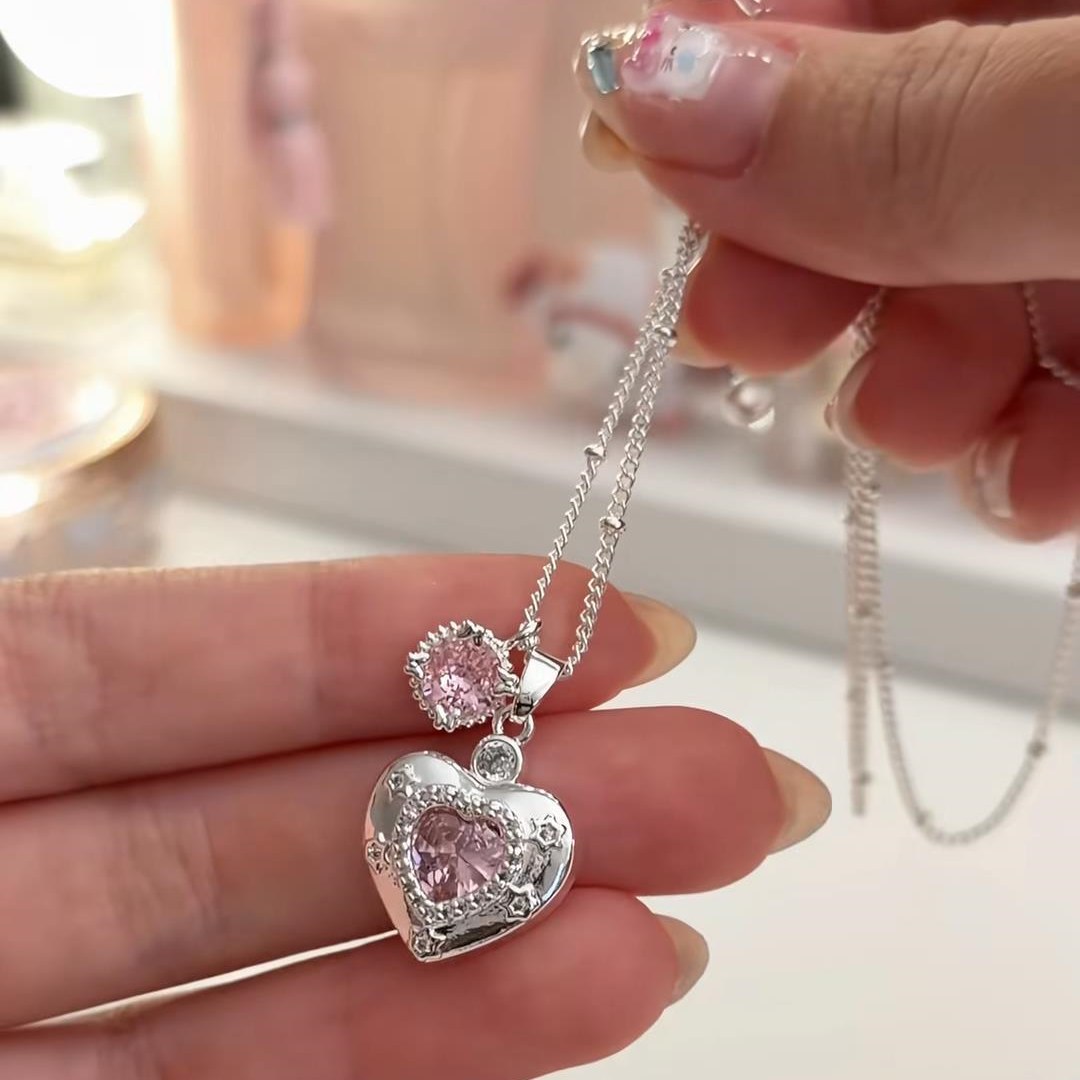 Heart Cut Fancy Pink 925 Sterling Silver Vintage Necklace
