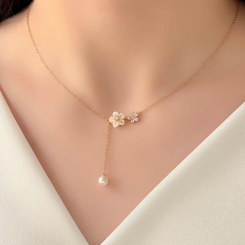 Dainty 925 Sterling Silver Flower Pearl Drop Pendant Necklace