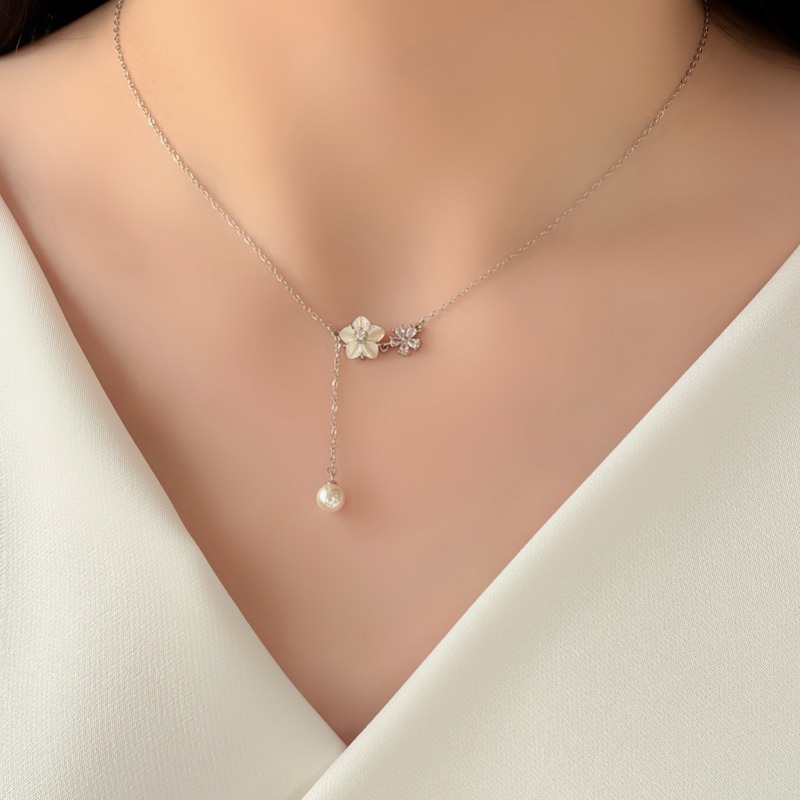 Dainty 925 Sterling Silver Flower Pearl Drop Pendant Necklace