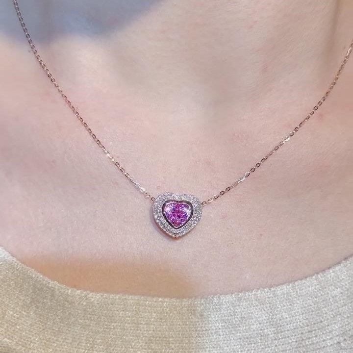 Heart Cut Fancy Pink 925 Sterling Silver Rose Gold Halo Pendant Necklace